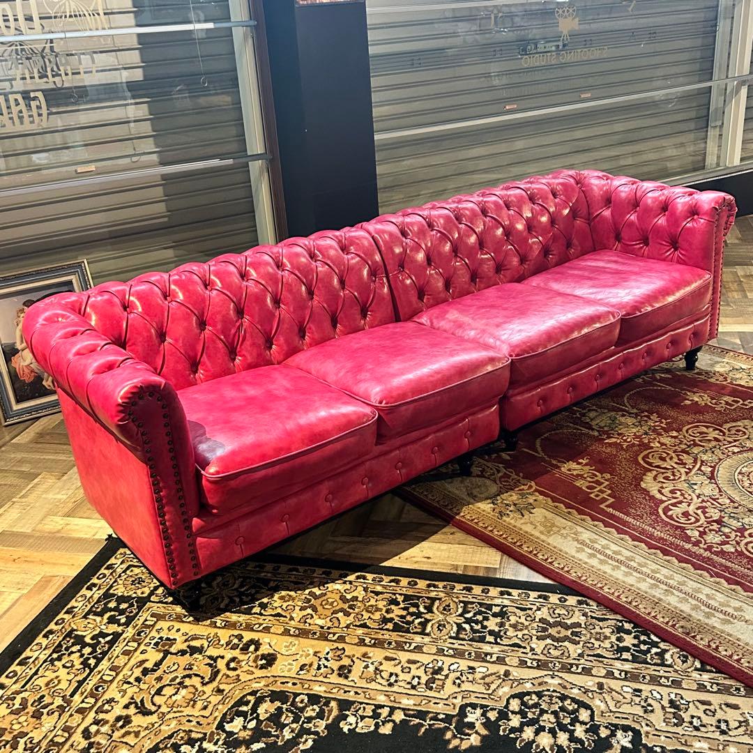 ピンクレザー風2人掛け×2セットソファ