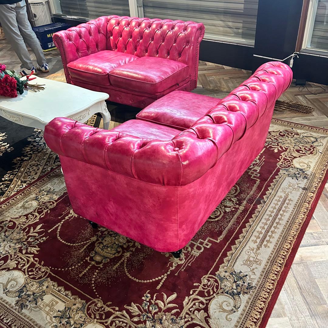 ピンクレザー風2人掛け×2セットソファ