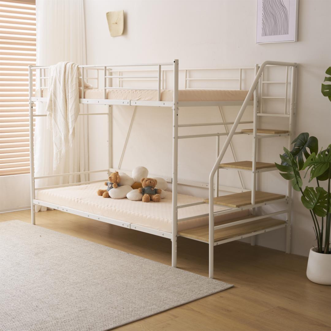 【マットレス2個付】Sロフトベッド 階段付きパイプベッド シングル 収納スチール