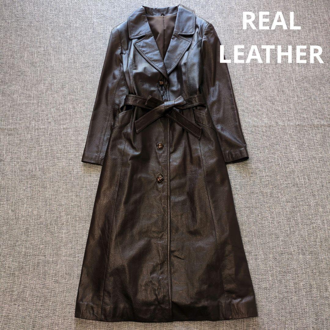 本革　ベルト付き　レザーコート　ブラウン　ロング丈　着用感のない美品