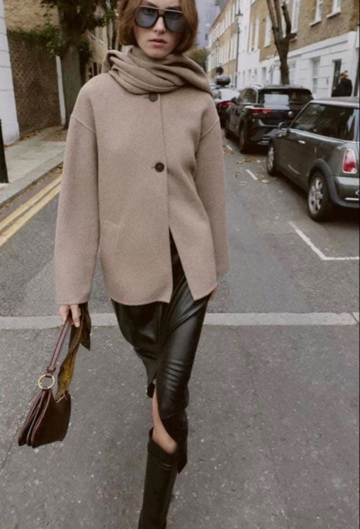 ザラZARA　ウールショートスカーフコート（色：ミンク）Sサイズ　2025AW