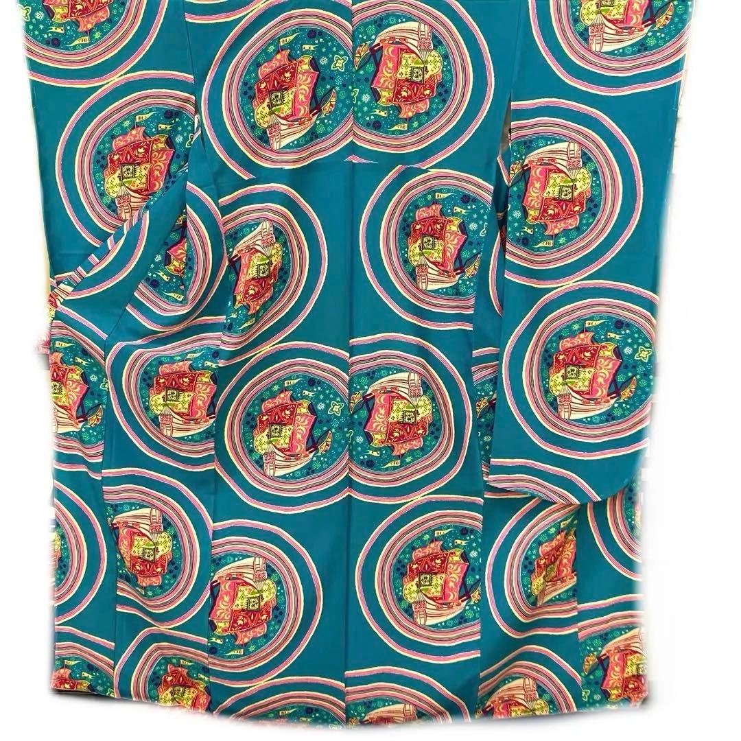 ☆未使用☆振袖　単品　化繊　緑系船模様振袖