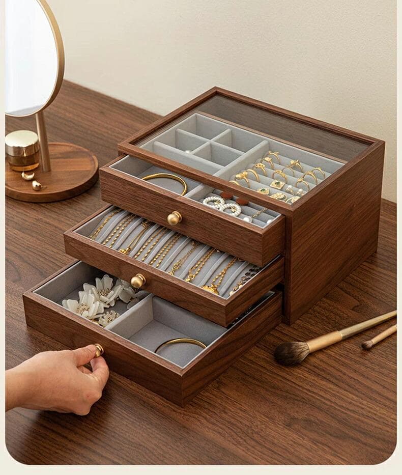 銘木 ジュエリーボックス アクセサリーケース 木製 仕切り調整 3段 大容量