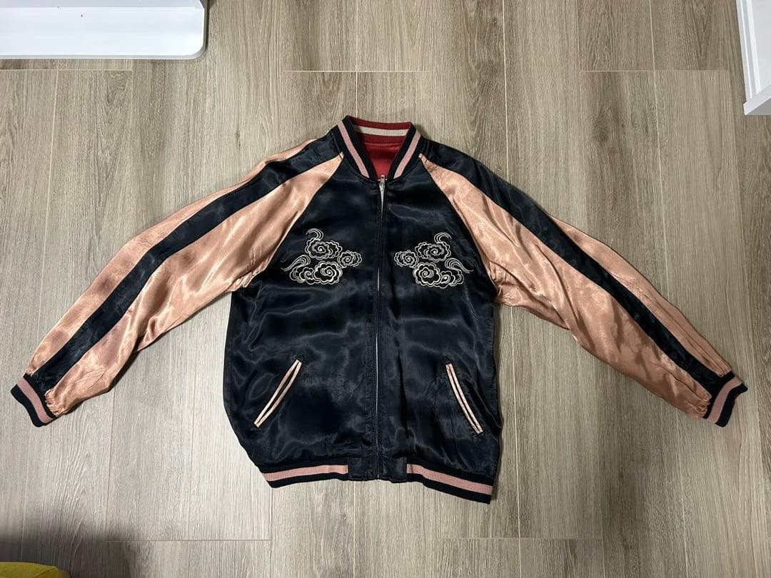 刺繍入り赤金スカジャン　百花繚乱　風神　雷神