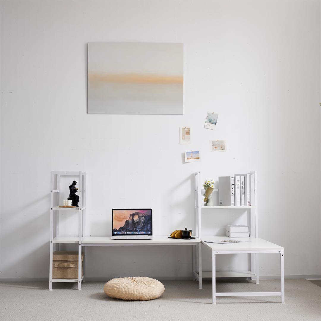 ワークデスク 学習デスク ロータイプ一体型デスク ラック付き 木製 灰