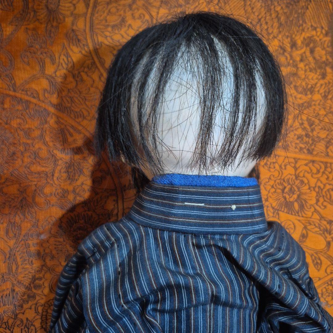 市松人形 青と黒のストライプ着物 ジャンク品