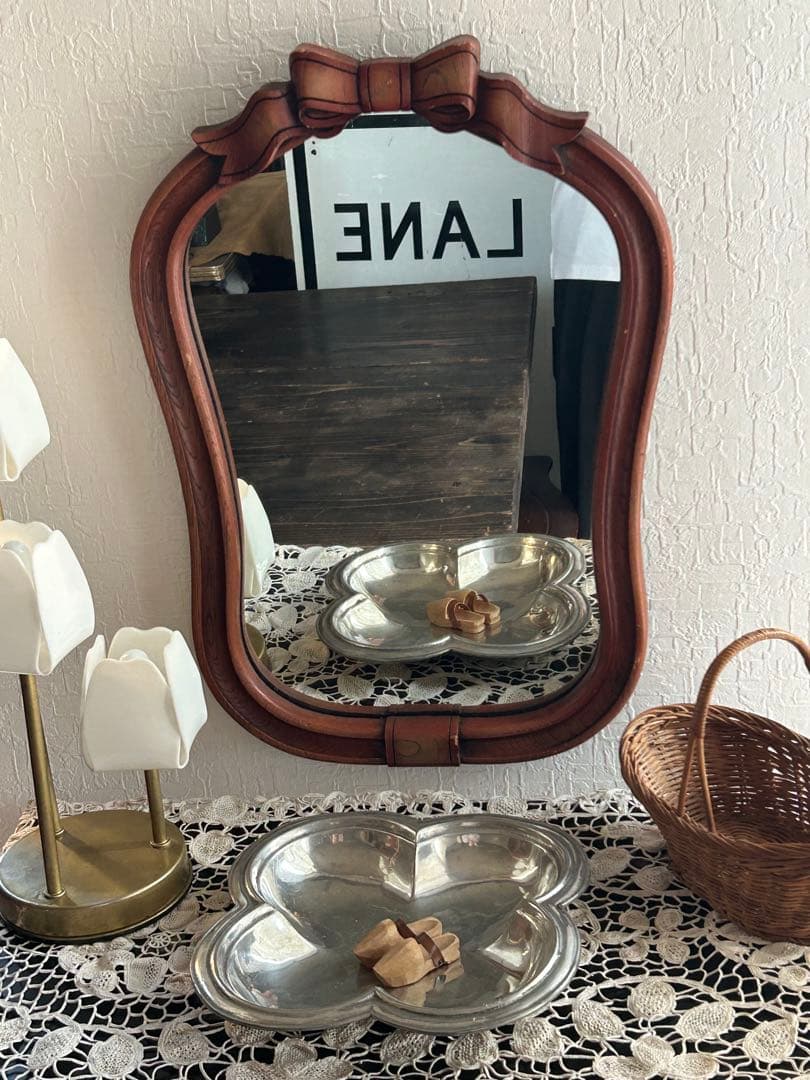 アンティーク　ニッカ　壁掛け鏡　リボン　ウォールミラー　昭和レトロ　ビンテージ