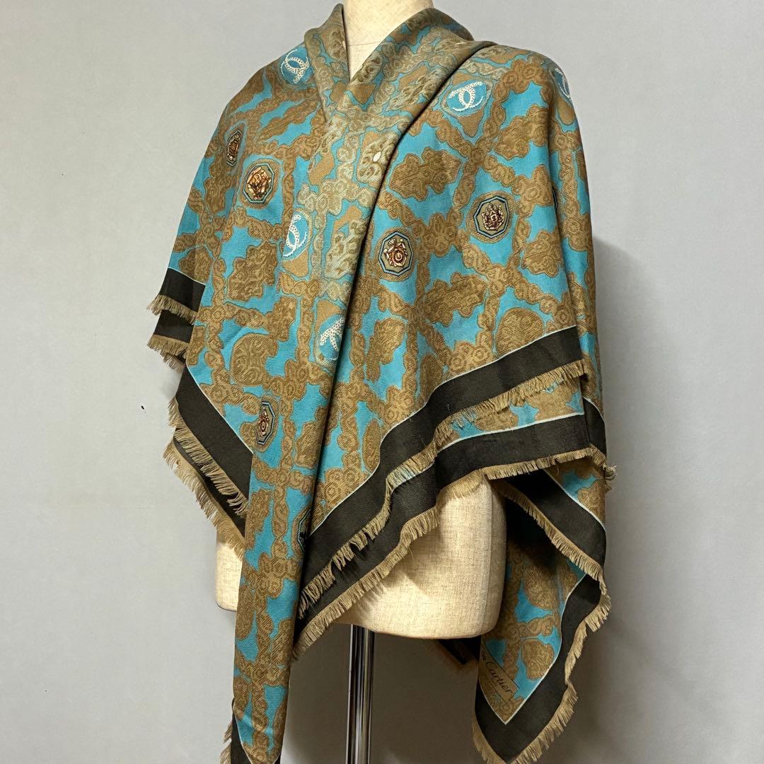 【CARTIER】2Cロゴ 大判ショール ウール/シルク混毛 イタリー製