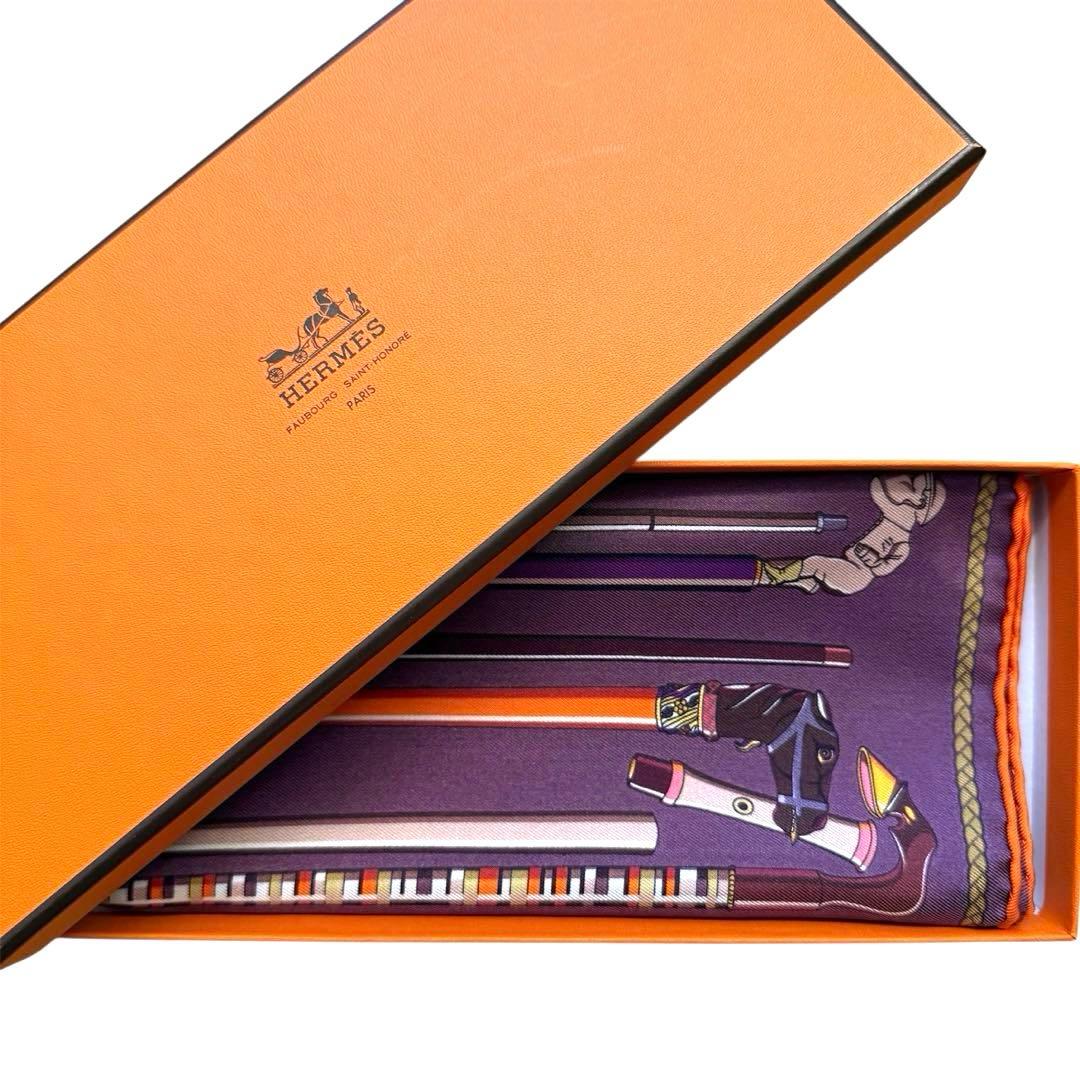 美品 エルメス シルクスカーフ ガヴロッシュ レ・カンヌ ステッキ 杖 馬 紫色