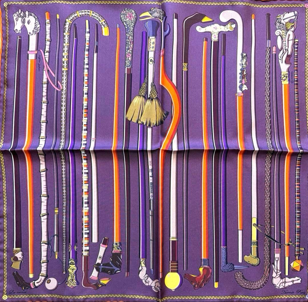 美品 エルメス シルクスカーフ ガヴロッシュ レ・カンヌ ステッキ 杖 馬 紫色