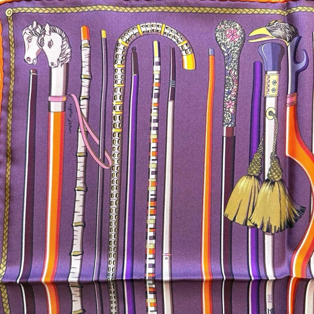 美品 エルメス シルクスカーフ ガヴロッシュ レ・カンヌ ステッキ 杖 馬 紫色