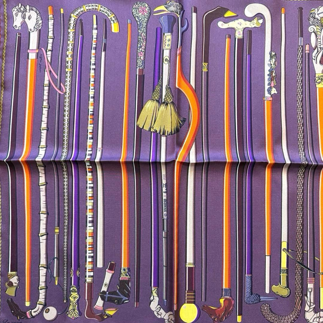 美品 エルメス シルクスカーフ ガヴロッシュ レ・カンヌ ステッキ 杖 馬 紫色