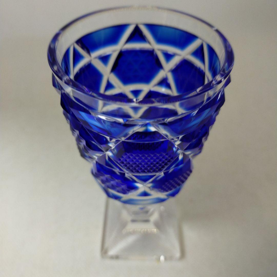 薩摩切子　薩摩ガラス工芸「島津薩摩切子」復元脚付杯（中）cut65　藍　現行品