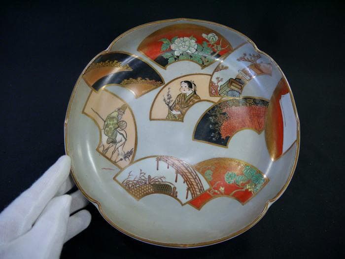 九谷焼　清閑　輪花七寸浅鉢　お福さん御所車寿老人　扇面図 清水清閑　状態良美品