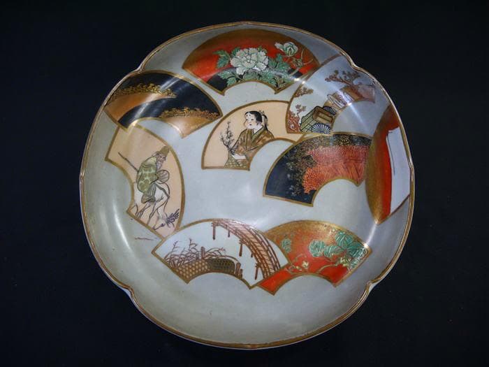 九谷焼　清閑　輪花七寸浅鉢　お福さん御所車寿老人　扇面図 清水清閑　状態良美品