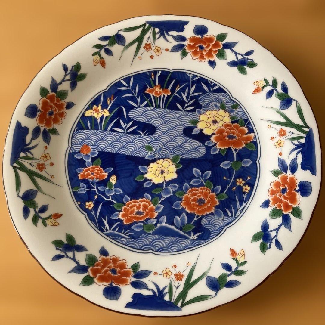 青地花柄 大皿 京焼 醍醐 友禅 直径29.3cm 裏面花柄装飾 高台欠けあり