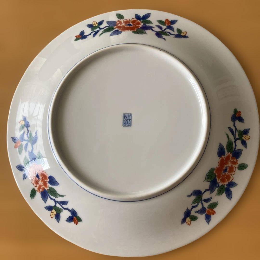 青地花柄 大皿 京焼 醍醐 友禅 直径29.3cm 裏面花柄装飾 高台欠けあり