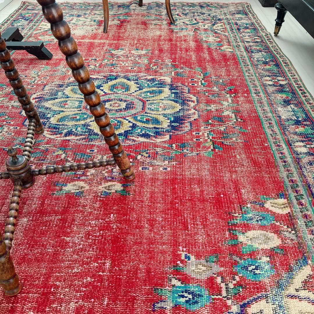 トルコ ヴィンテージラグ A89 超大判 レア レッド ターコイズ ネイビー