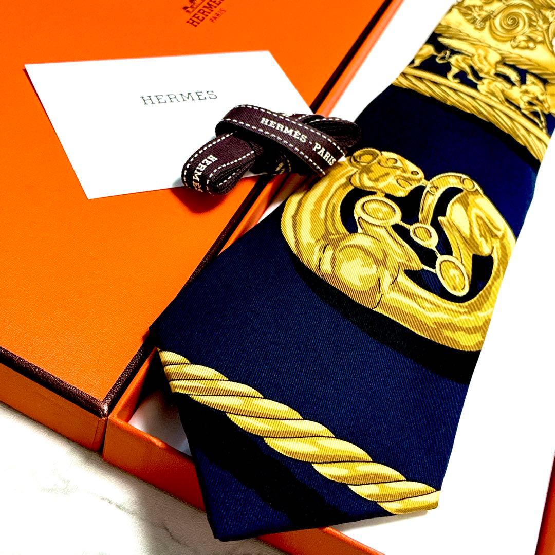 ✨未使用✨エルメス　スカーフ柄③ ネイビー✖️ゴールド　ネクタイ