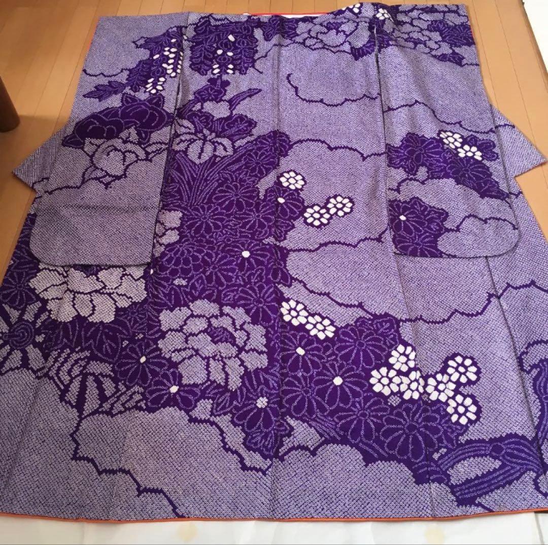 着物 総絞り振袖 花柄古典柄 紫 成人式