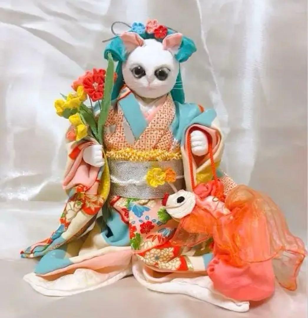 和装猫の人形 金魚巾着