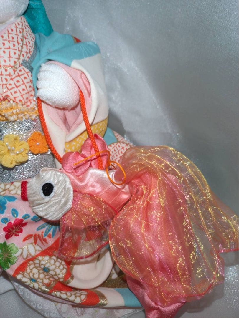 和装猫の人形 金魚巾着