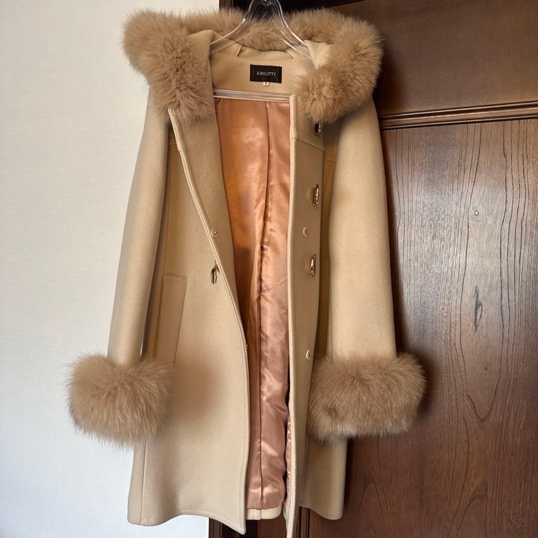 美品 JUSGLITTY カシミヤ フォックスファー フード付 ダッフルコート