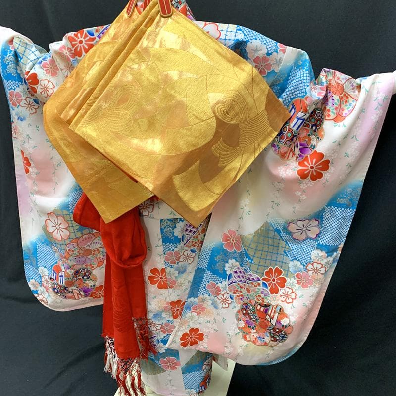 412ag86,帯締め,帯揚げ,しごき□七五三七歳 着物&袋帯&長襦袢□状態良好