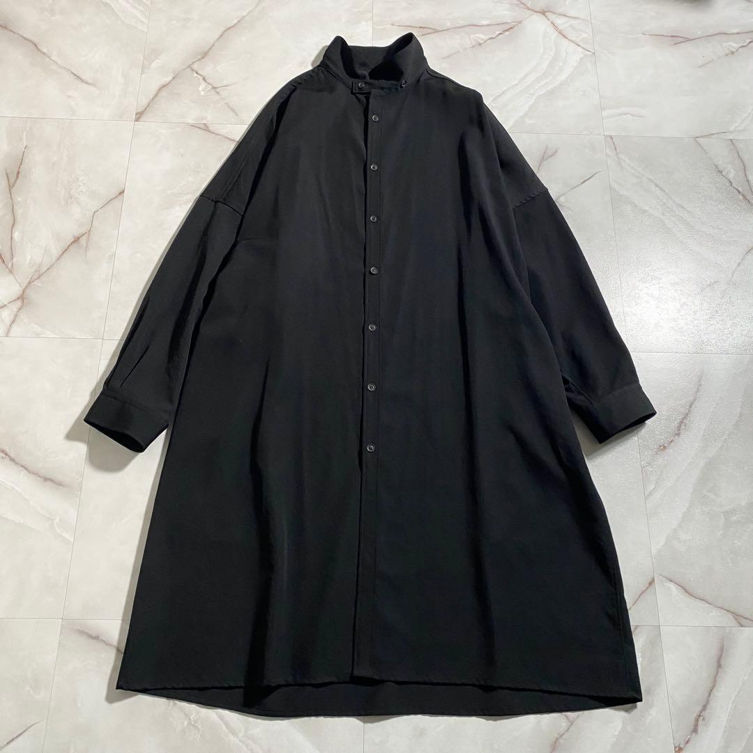 A18463 美品 ヨウジヤマモトプールオム シワギャバ立襟ロングシャツ 黒3