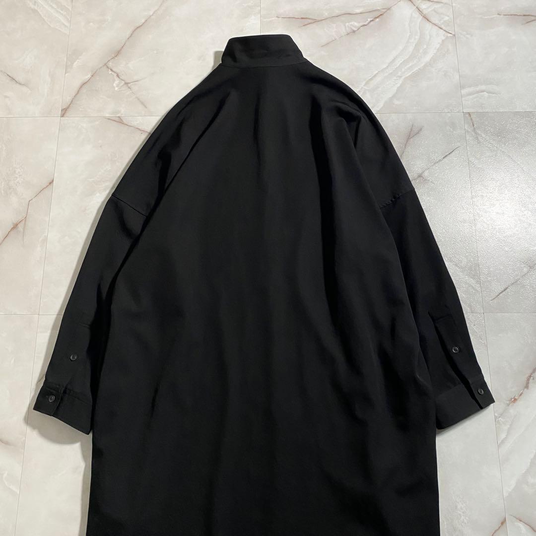 A18463 美品 ヨウジヤマモトプールオム シワギャバ立襟ロングシャツ 黒3