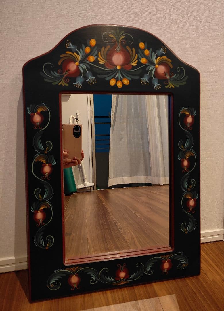 トールペイント 壁掛け鏡 ウォールミラー 手描き ハンドペイント 木製