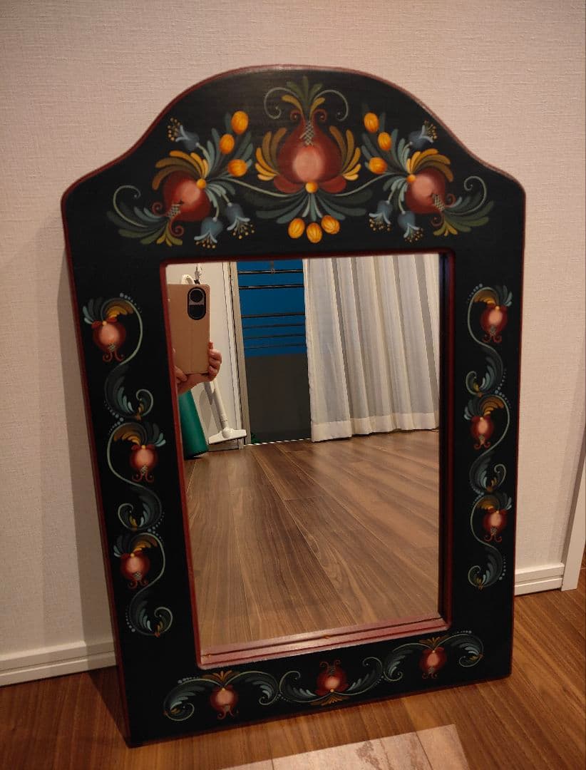 トールペイント 壁掛け鏡 ウォールミラー 手描き ハンドペイント 木製