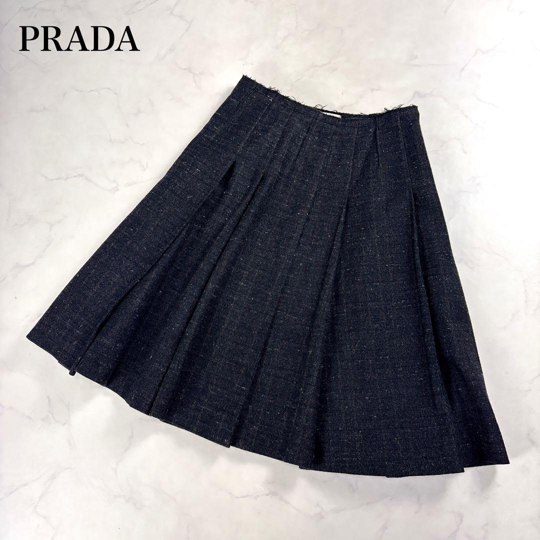 美品✨プラダ カシミヤ混 ツイードフレアプリーツスカート 厚手 ダークグレー L