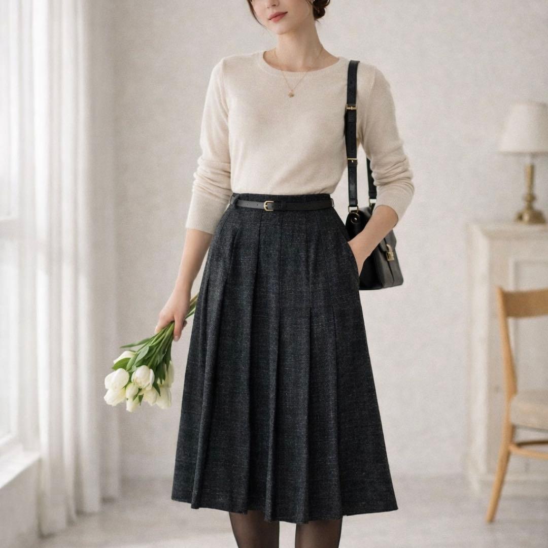 美品✨プラダ カシミヤ混 ツイードフレアプリーツスカート 厚手 ダークグレー L