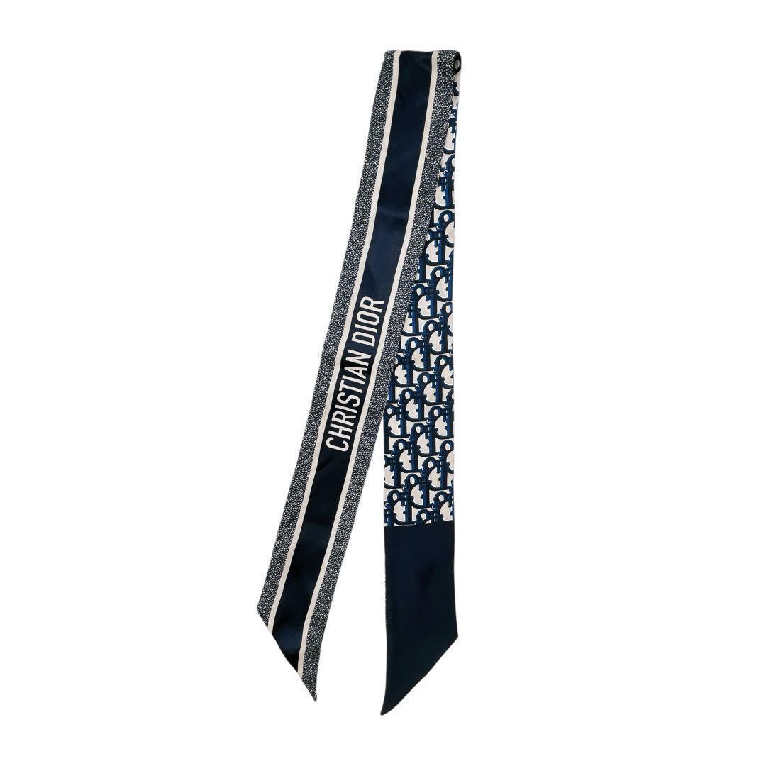 美品 ディオール ミッツァ スカーフ シルク オブリーク ネイビー レディース