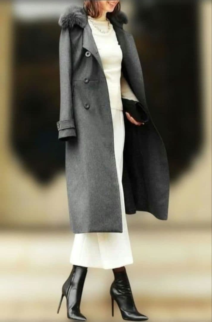 新品　グレー ウール ダブルブレストコート ファー付き　フォックス　LL　XL