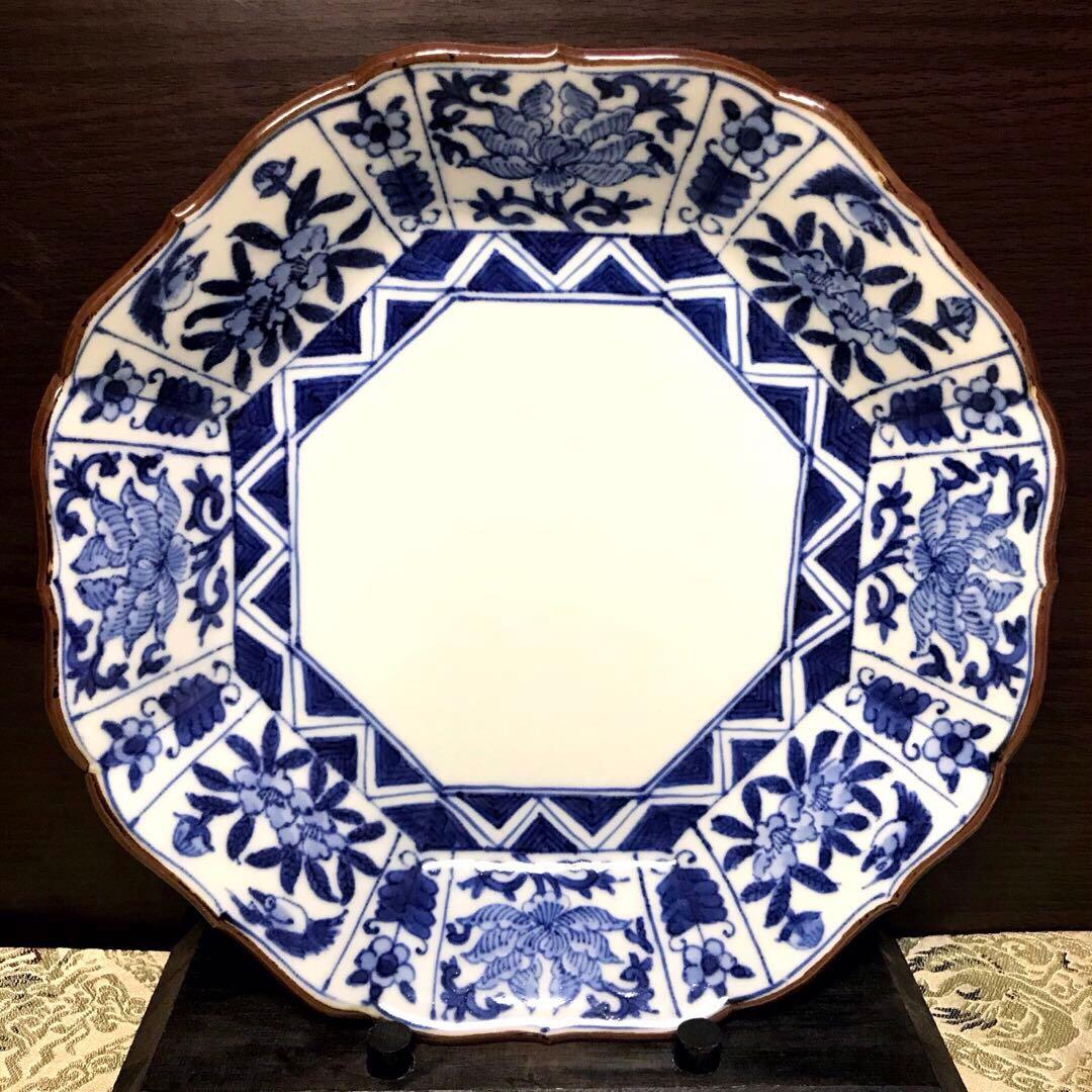 未使用保管品✨清水焼 雲泉 染付間取草花紋 八角皿✨皿 加藤雲泉 中皿 雲泉