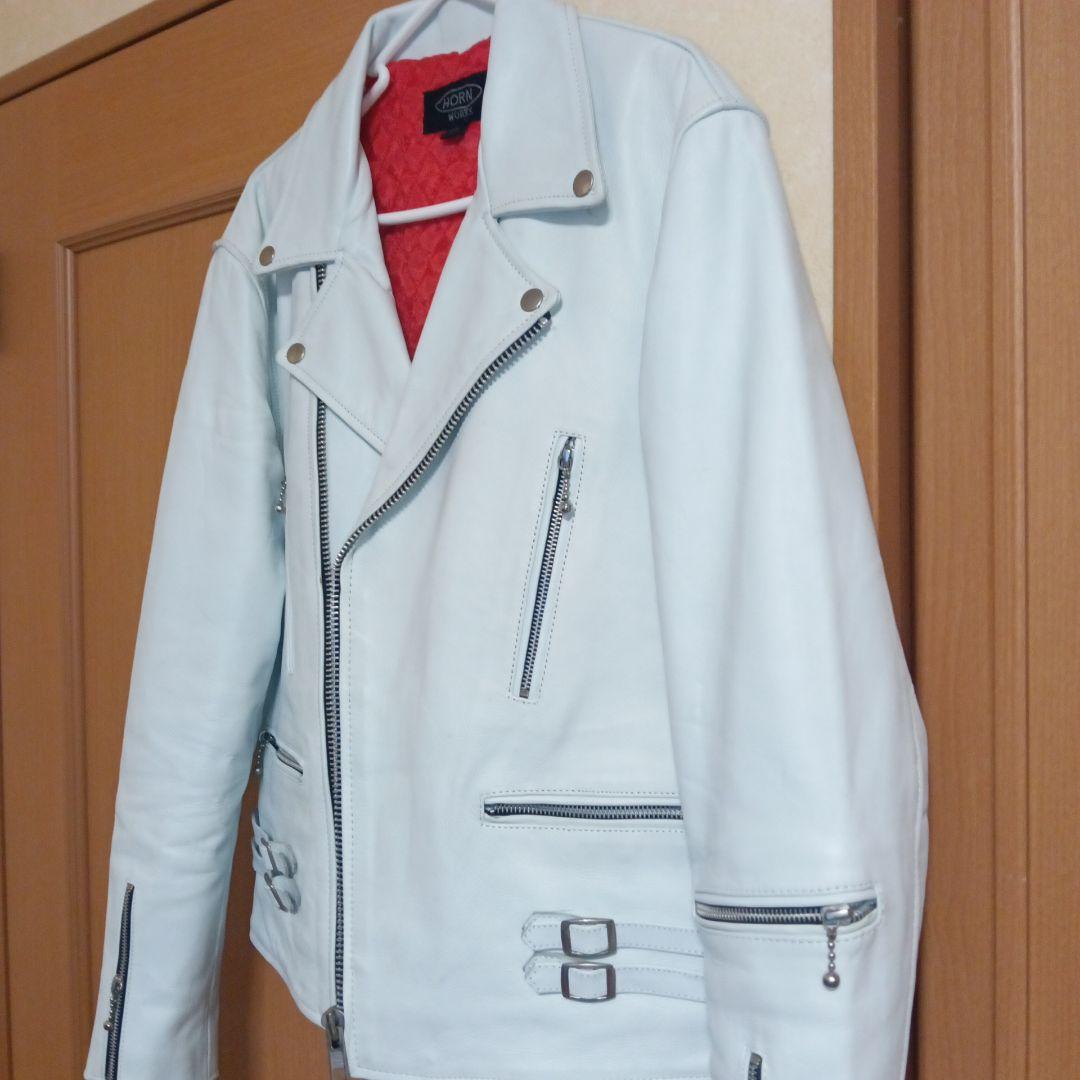 本革ホワイトブルーダブルライダースジャケット