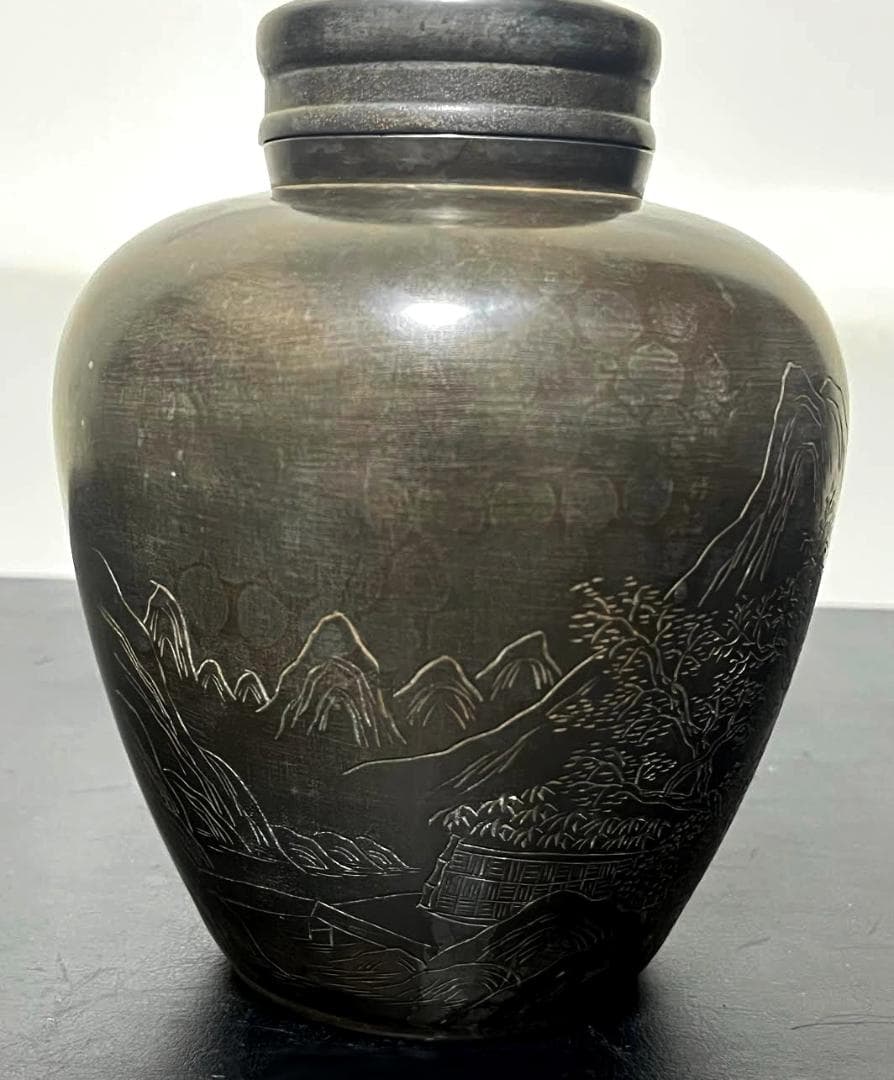 御錫屋天下一美作守款 一刀老人彫 　古錫　茶壷１８.５cm　茶心壺　茶入　煎茶