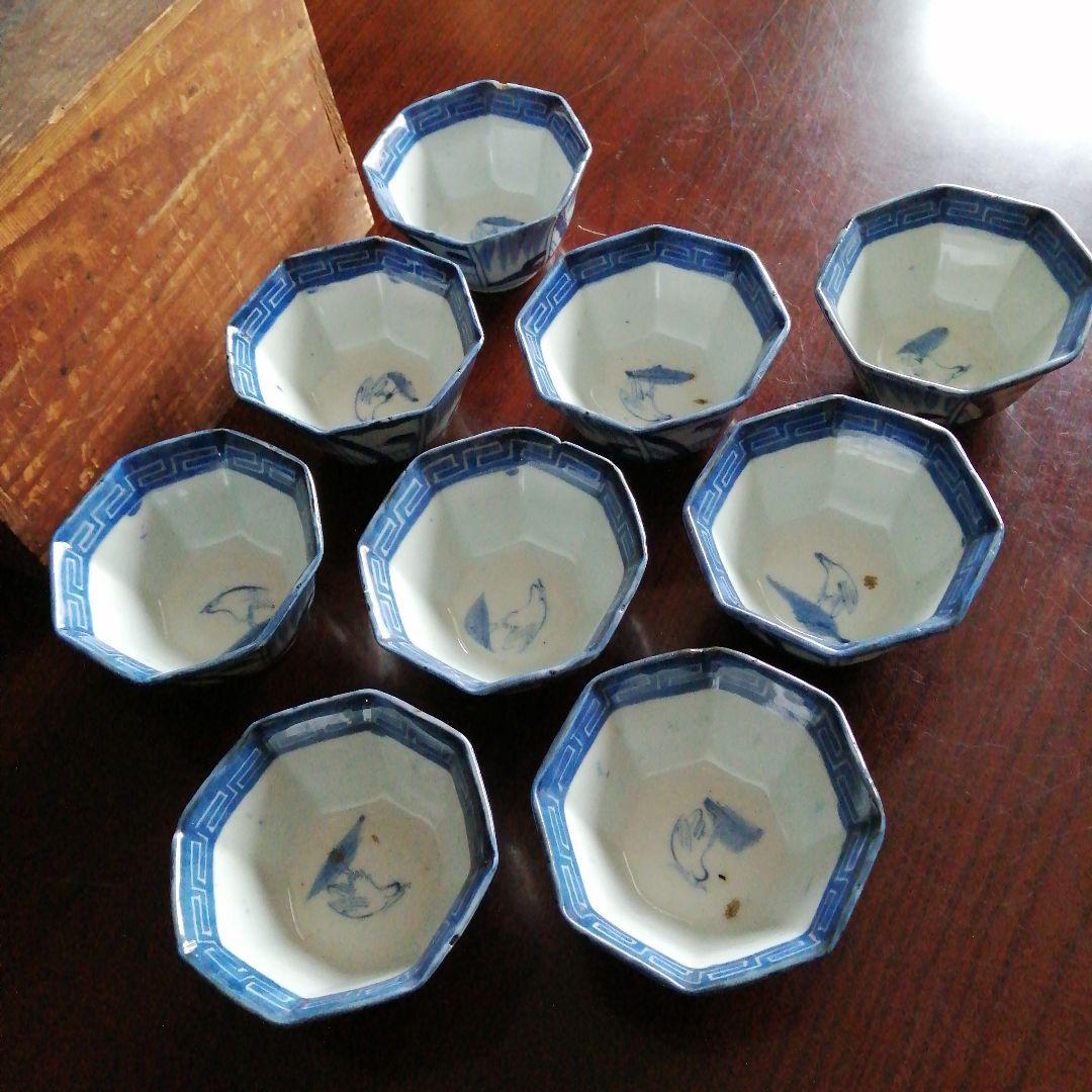 古伊万里　染付八角向付　9客　10cm　江戸中期（1700年代後半）