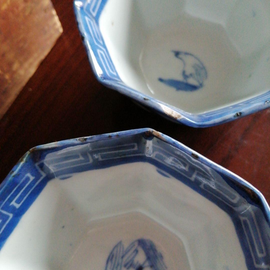 古伊万里　染付八角向付　9客　10cm　江戸中期（1700年代後半）