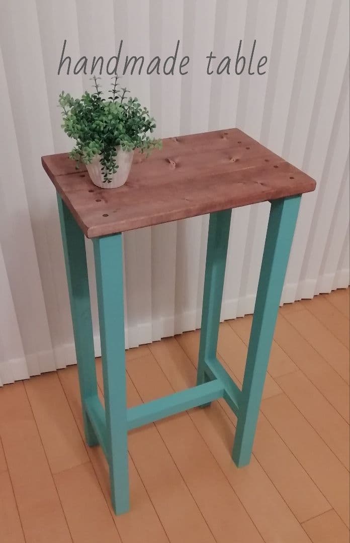 ハンドメイドテーブル/ハイテーブル/シェルフ/ミストグリーン【送付込み】