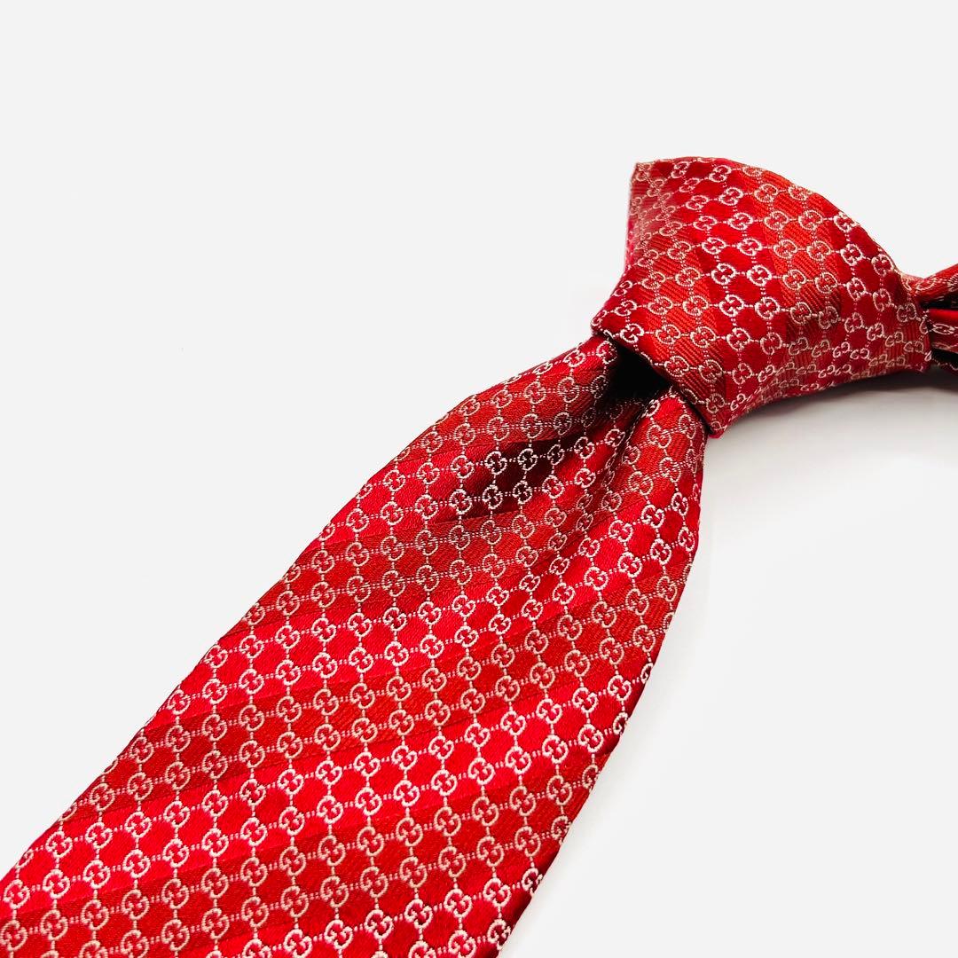 ✨美品✨GUCCI GG柄　高級シルク　レッド　ボルドー　ネクタイ　グッチ