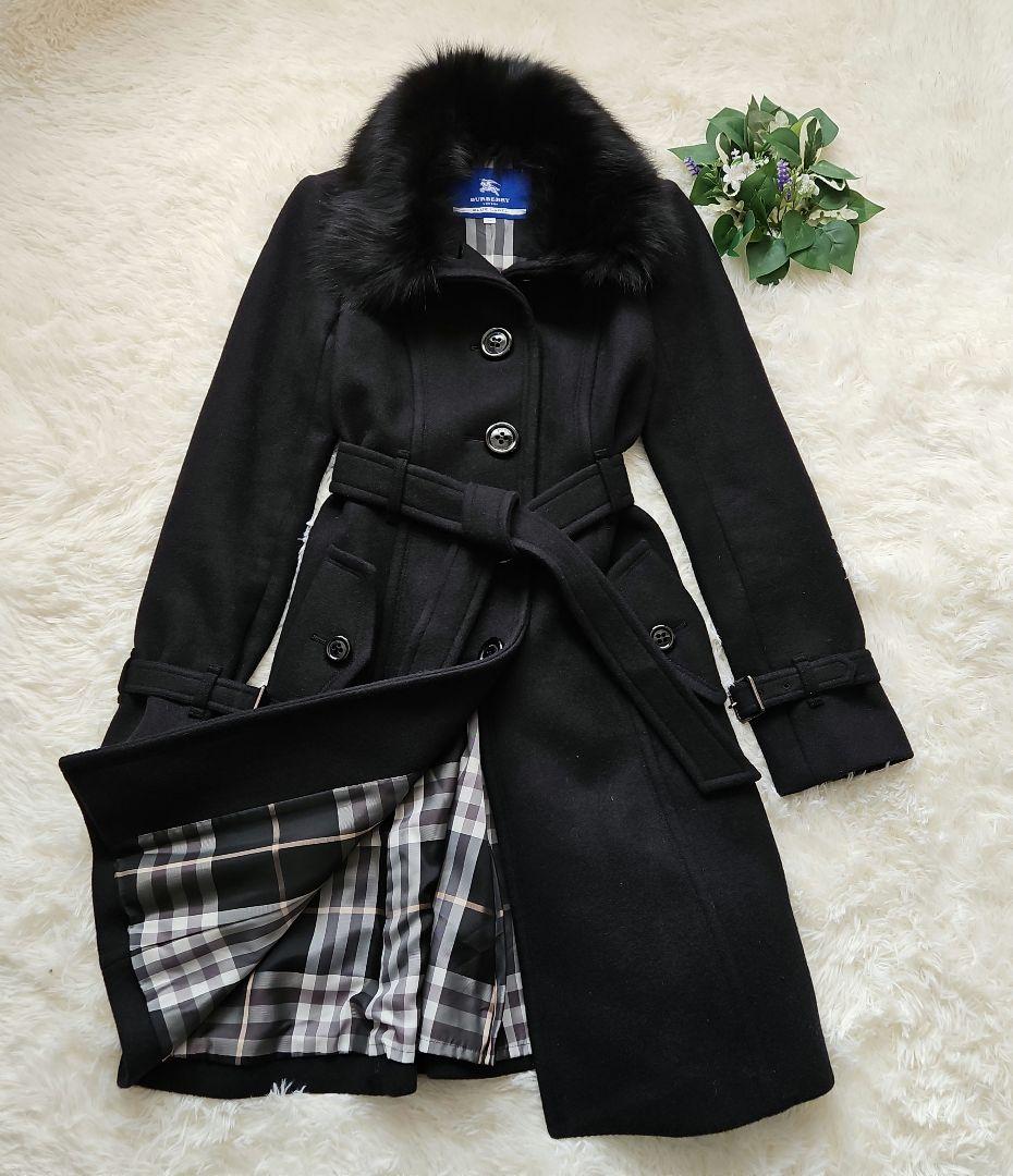 バーバリーブルーレーベル ロングコート フォックスファー ノバチェック 黒 38