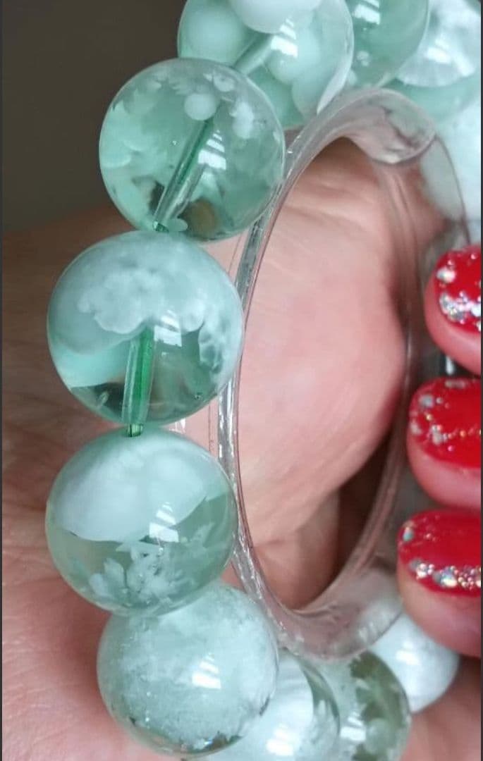 超超超希少石グリーンラリマー‼️14mm内径約17センチ 雪花オブシディアン