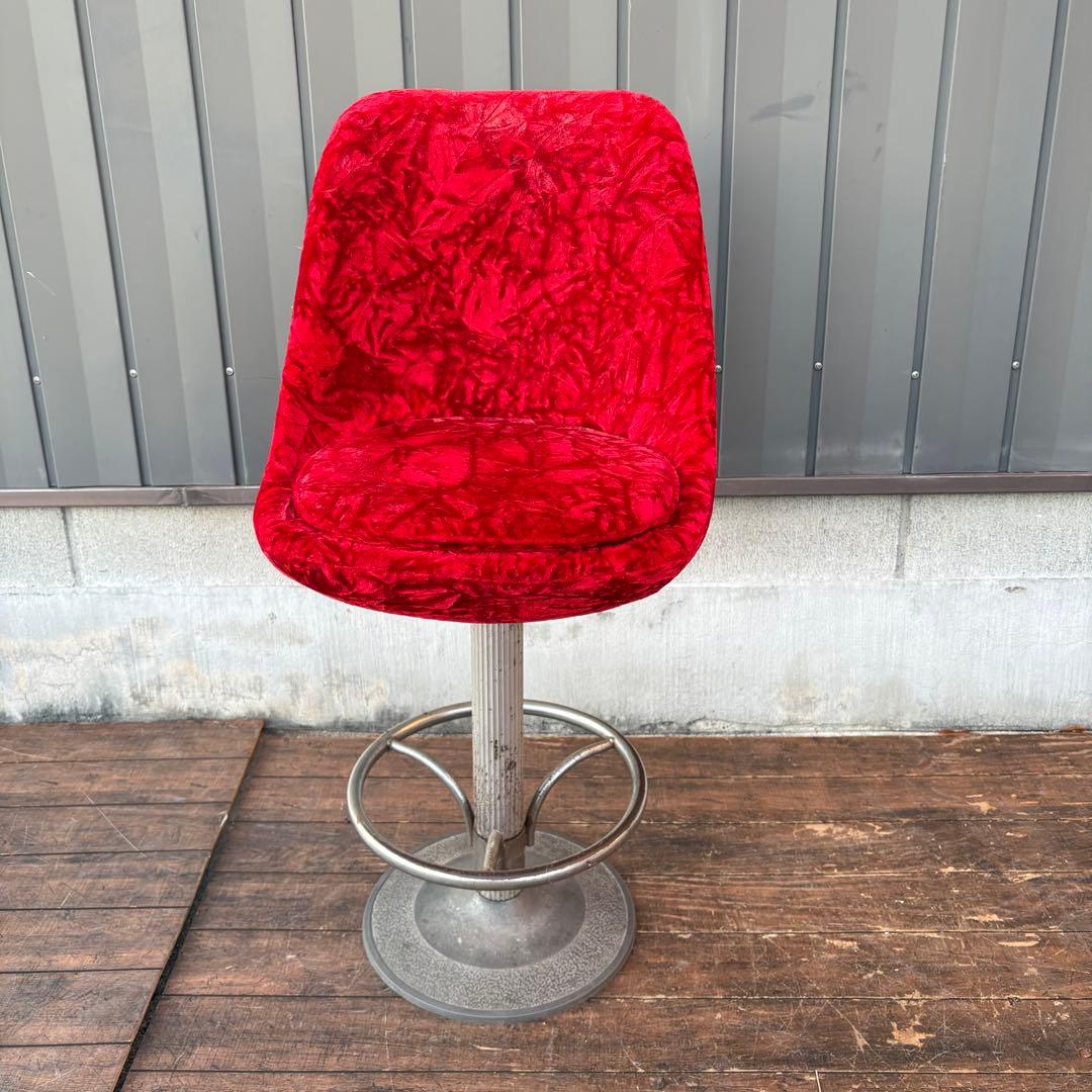 ①昭和レトロ 回転式バーチェア ベロア 赤 ビンテージ スナック椅子 ベルベット