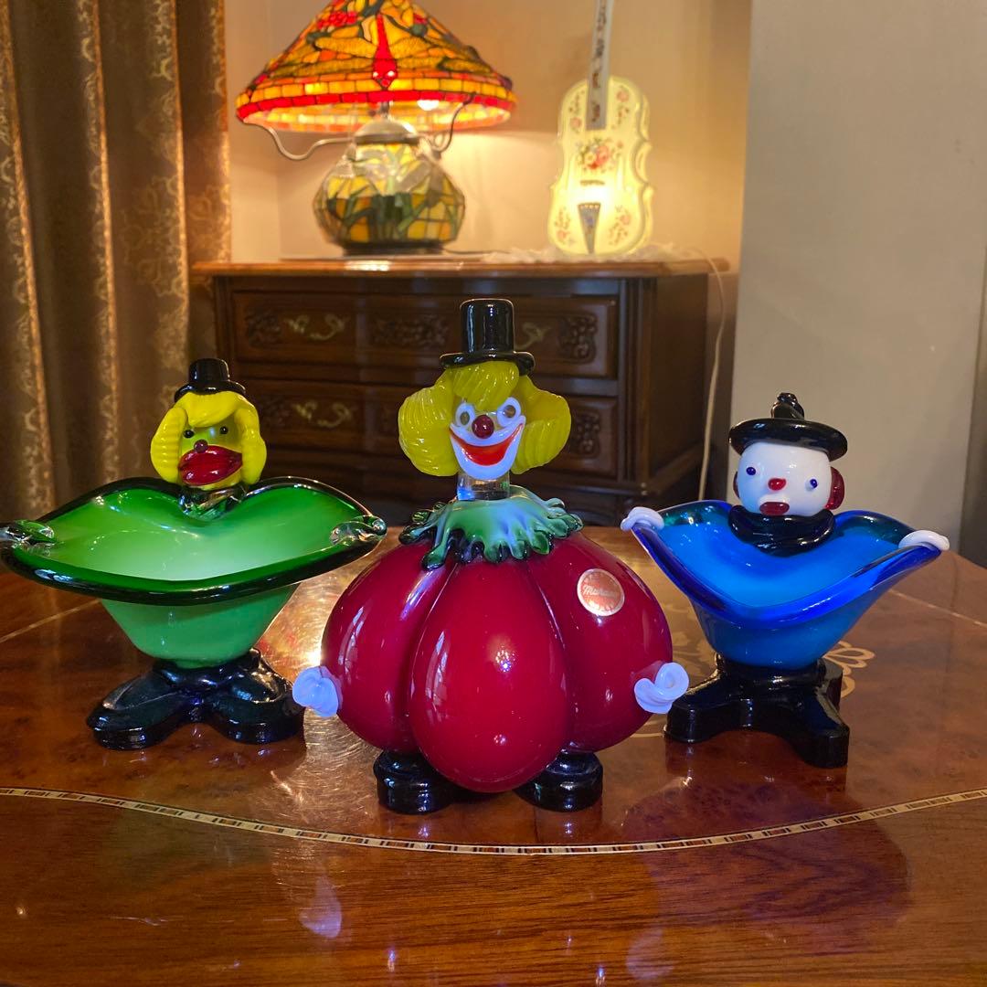 イタリア　ムラーノ　ガラス　ピエロ　3種　3体　小物置き　インテリア　レア　希少
