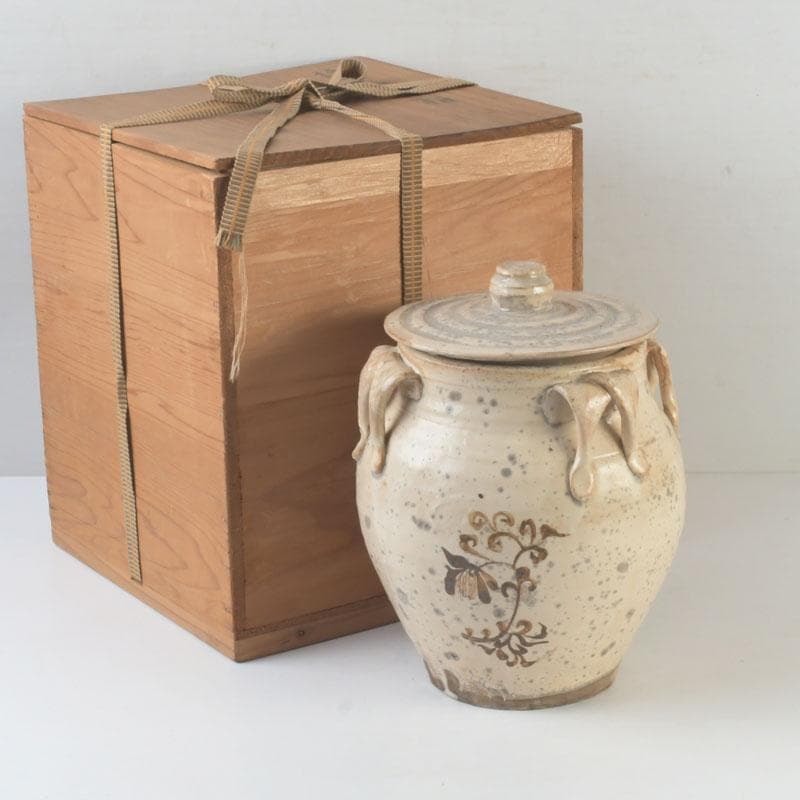 中国　磁州窯　鉄絵　花草文　高麗水指　共箱　V　9891A