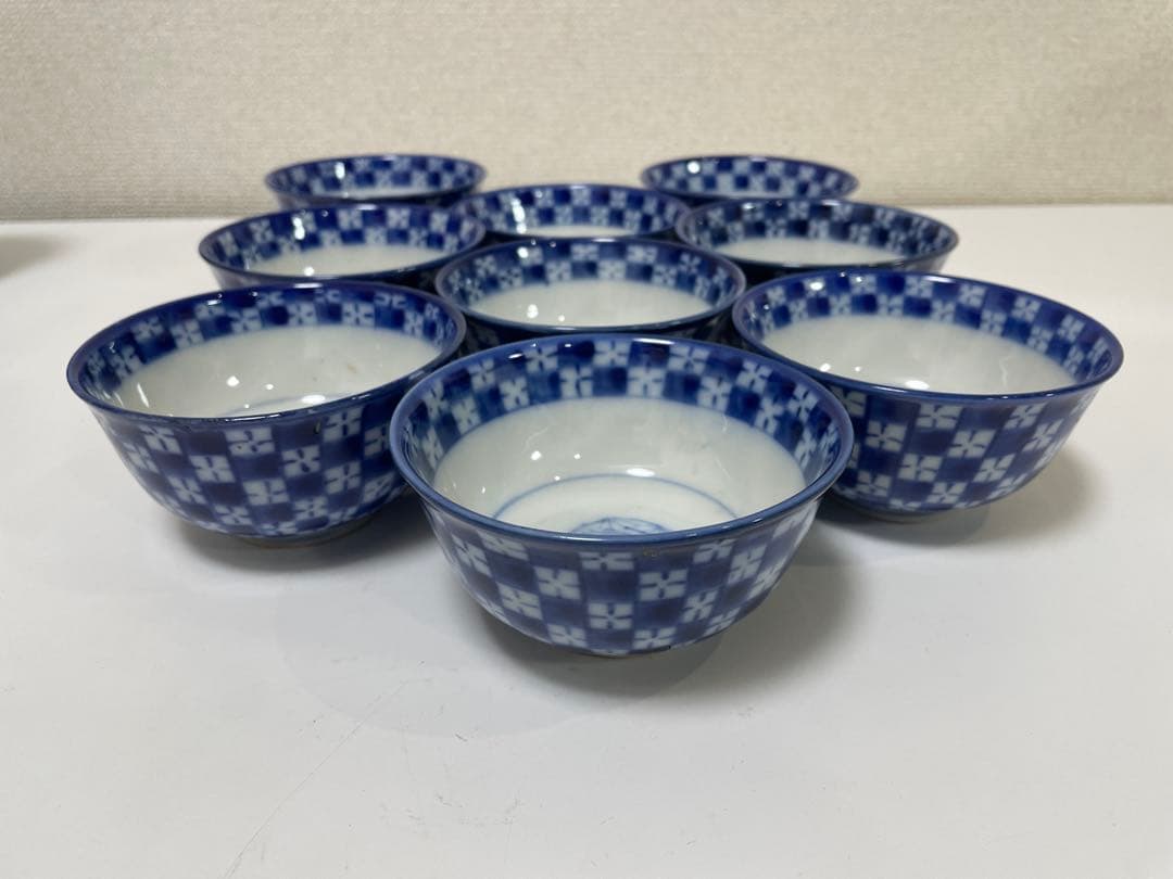 【現状品】古伊万里 青 染付 蓋付飯碗9客 レトロ アンティーク