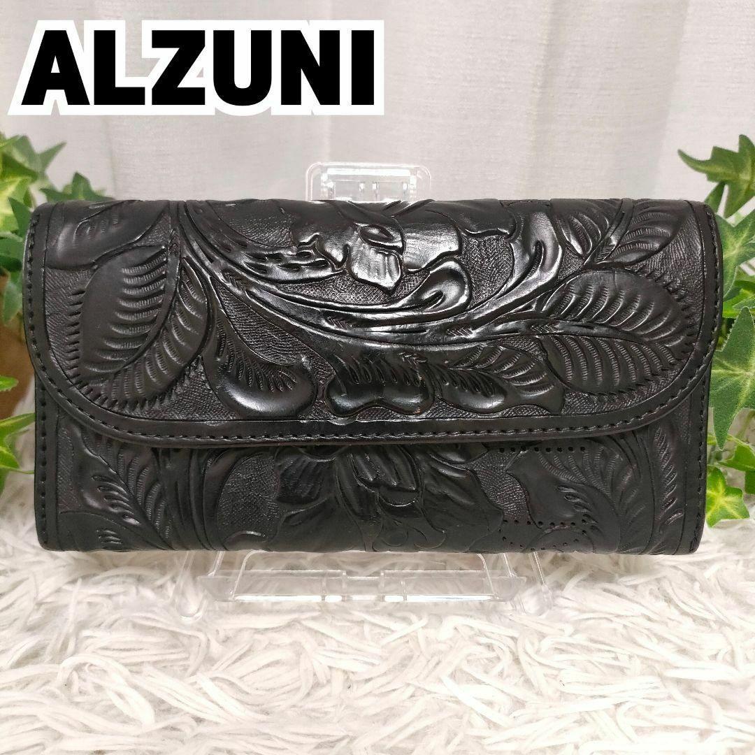 ALZUNI 長財布 ブラック ペイズリー アルズニ 財布 黒 レザー 総柄花柄